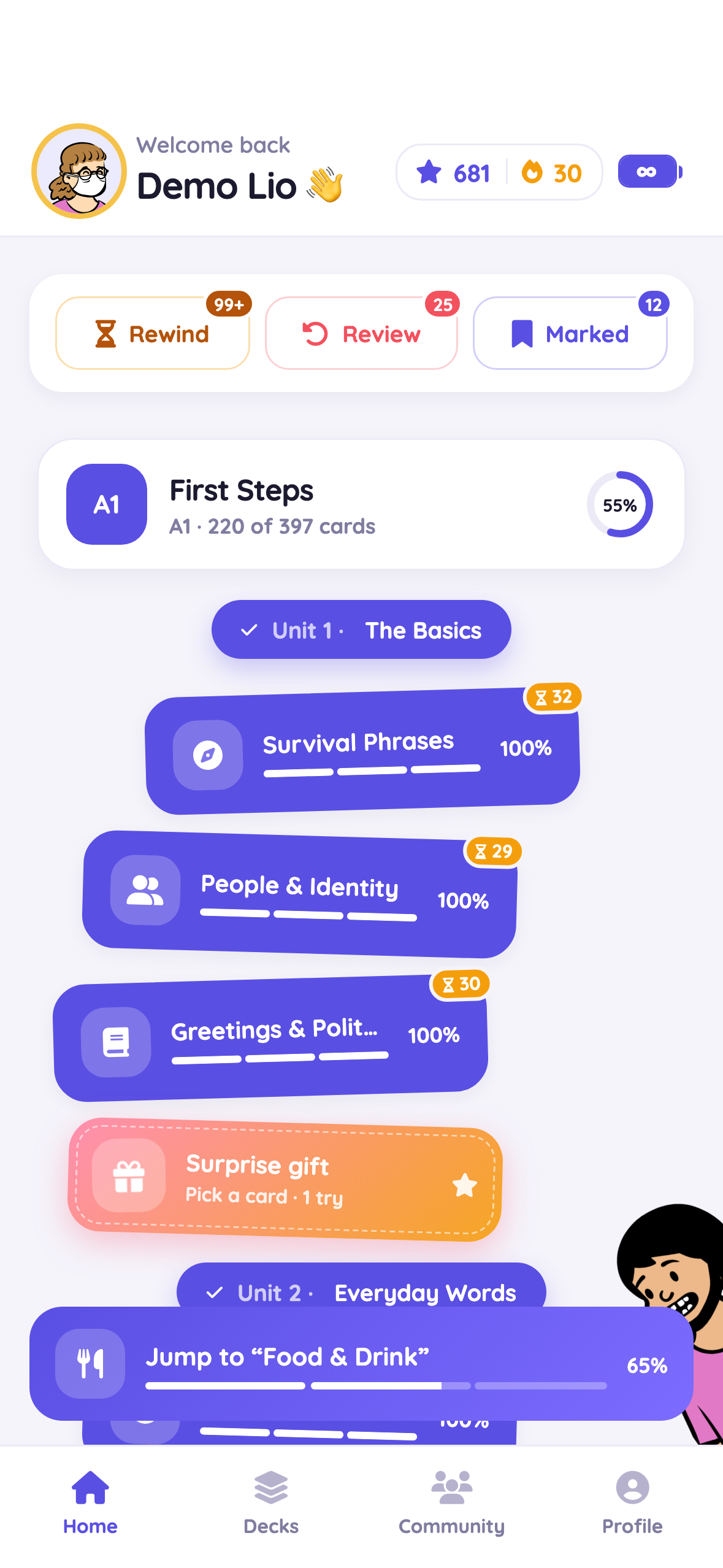 Oosta app — home screen